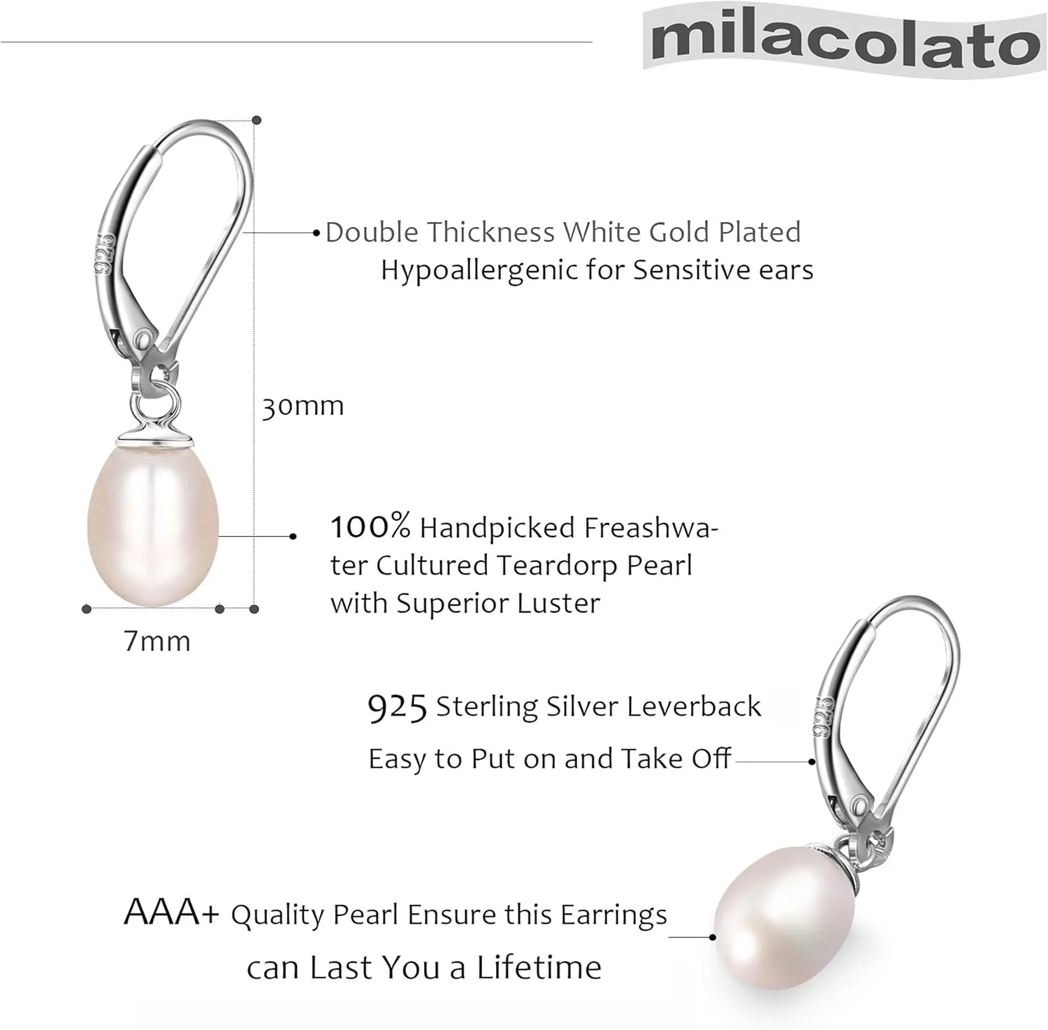 Milacolato 925 Sterling Silver Pearl Dangle Earrings for Women 14K White Gold Plated Leverback Earrings AAAAA Quality Genuine Freshwater Cultured Pearl Drop Earrings