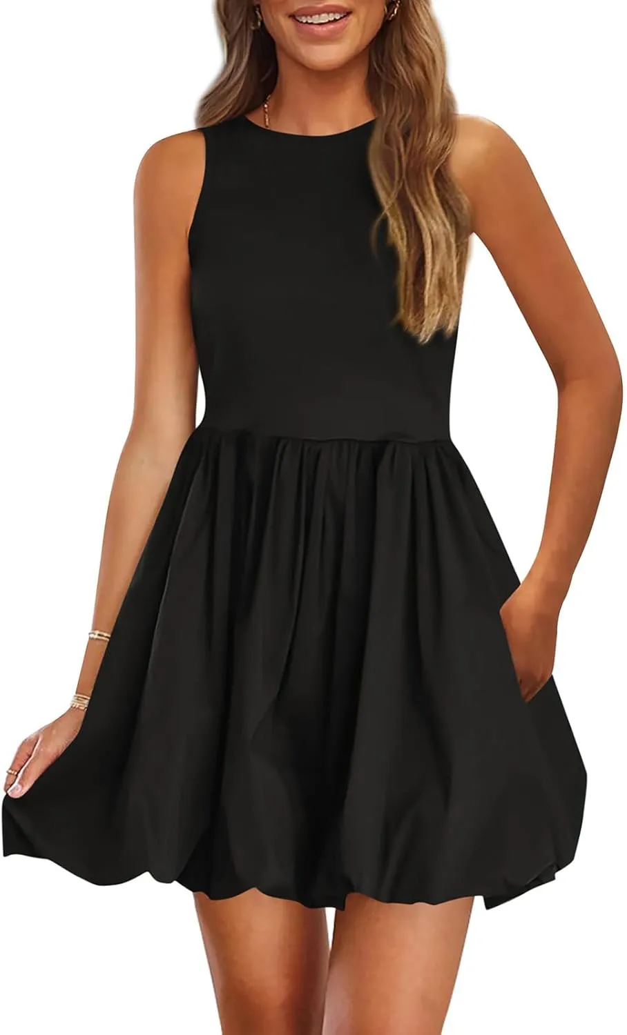 Mini Dress for Women Bubble Sundress Sleeveless Ruffle Hem Dresses High Waist Solid Color Tank Mini Dresses 2025