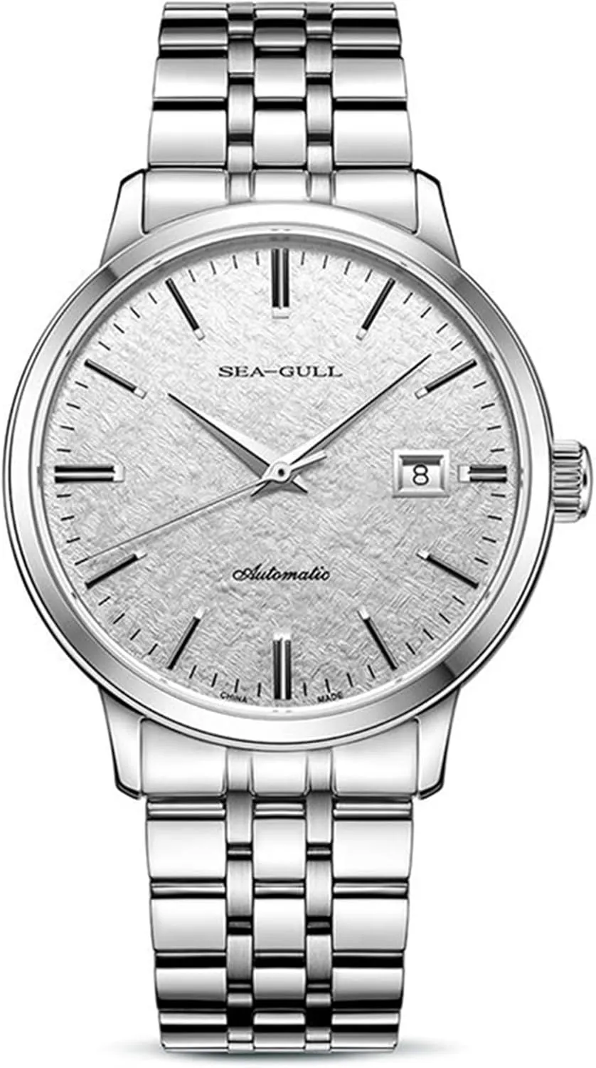 Minimalist Men Business Watch Glacier Design Waterproof Male Wristwatch Seagull ST2130 Stainless Steel Sapphire Glass 6165, Silver, Minimalist
