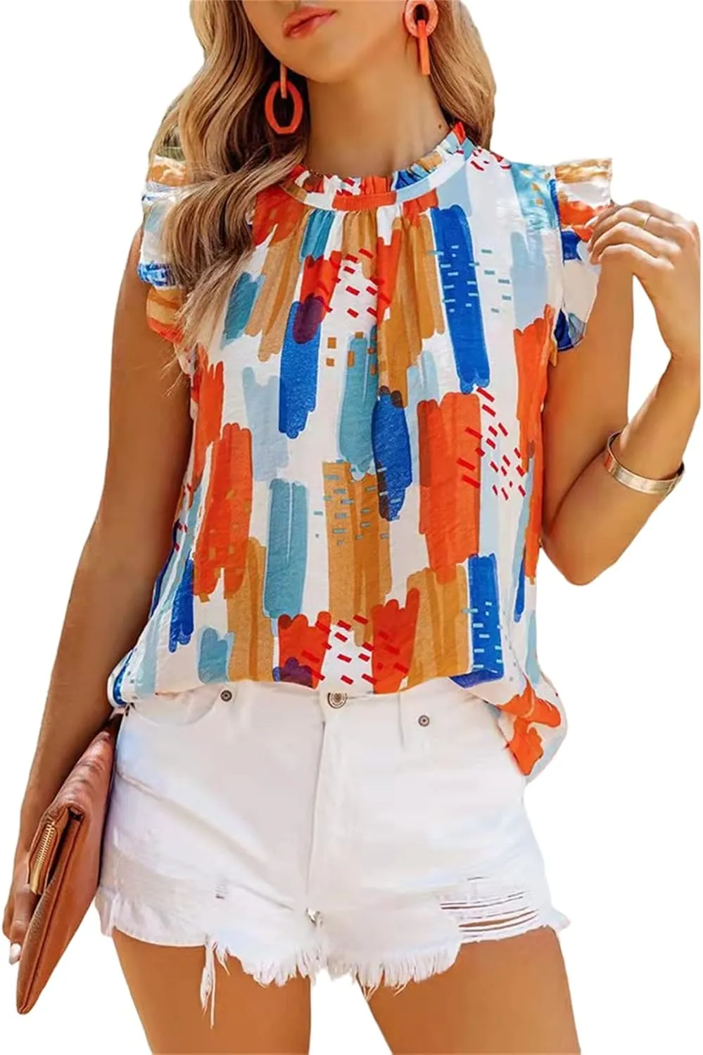 Mmoneyake Women Summer Ruffle Trim Neckline Tank Tops Floral Print Cap Sleeve Mock Neck Keyhole Back Blouse Chiffon Shirts