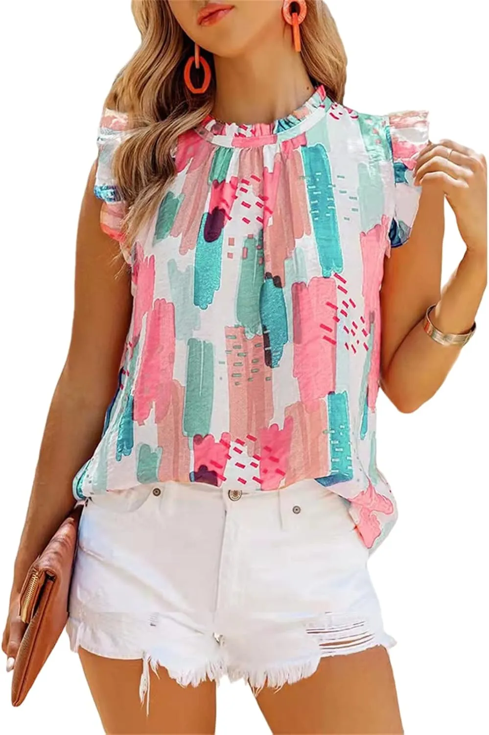 Mmoneyake Women Summer Ruffle Trim Neckline Tank Tops Floral Print Cap Sleeve Mock Neck Keyhole Back Blouse Chiffon Shirts