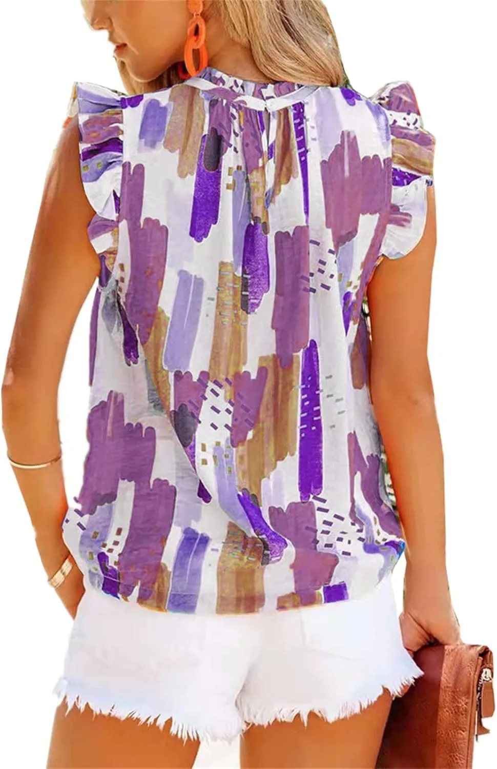 Mmoneyake Women Summer Ruffle Trim Neckline Tank Tops Floral Print Cap Sleeve Mock Neck Keyhole Back Blouse Chiffon Shirts