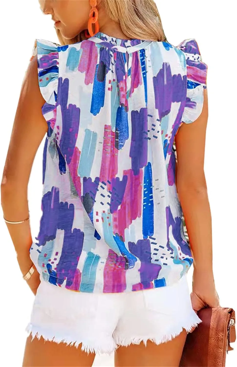 Mmoneyake Women Summer Ruffle Trim Neckline Tank Tops Floral Print Cap Sleeve Mock Neck Keyhole Back Blouse Chiffon Shirts