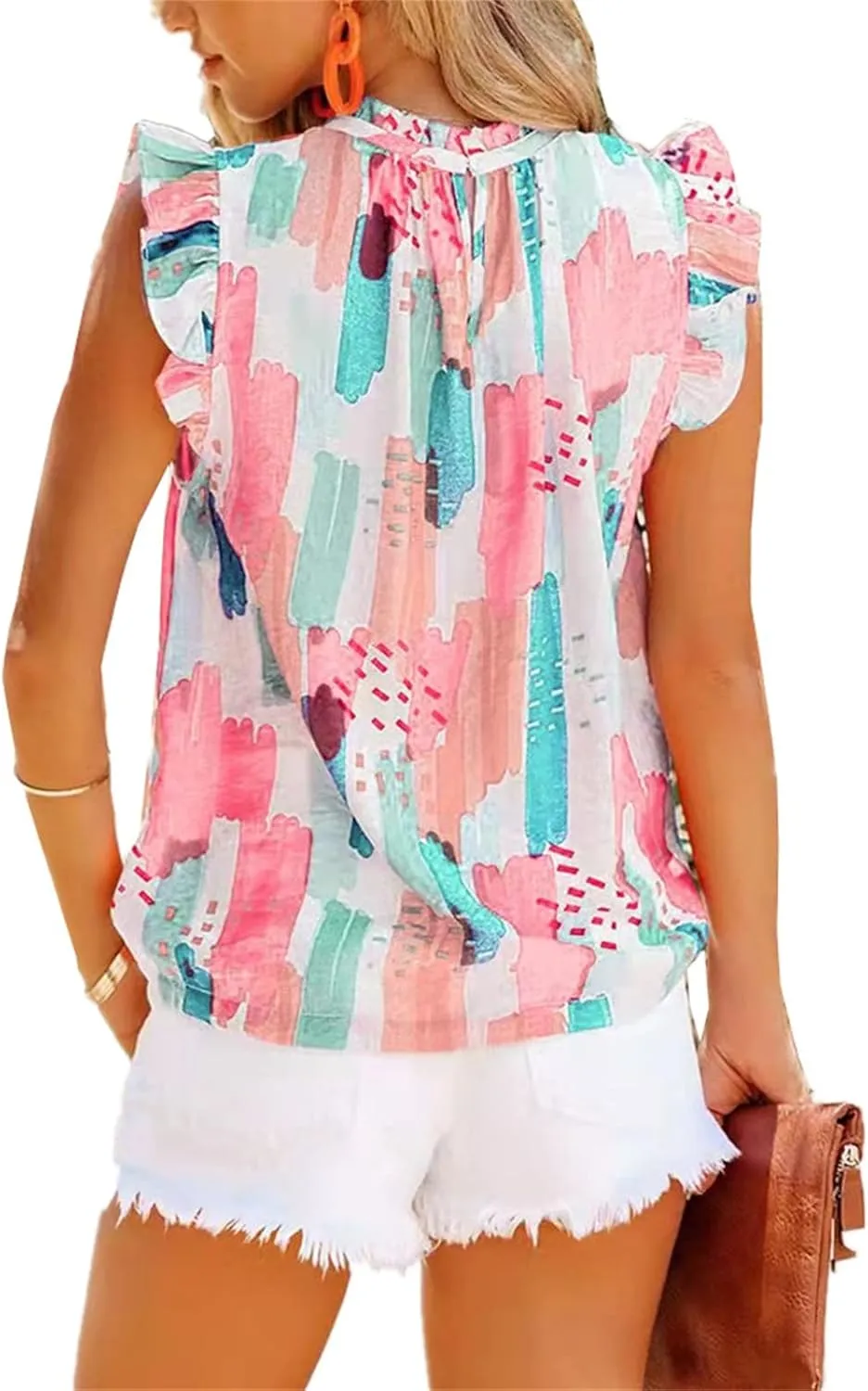 Mmoneyake Women Summer Ruffle Trim Neckline Tank Tops Floral Print Cap Sleeve Mock Neck Keyhole Back Blouse Chiffon Shirts