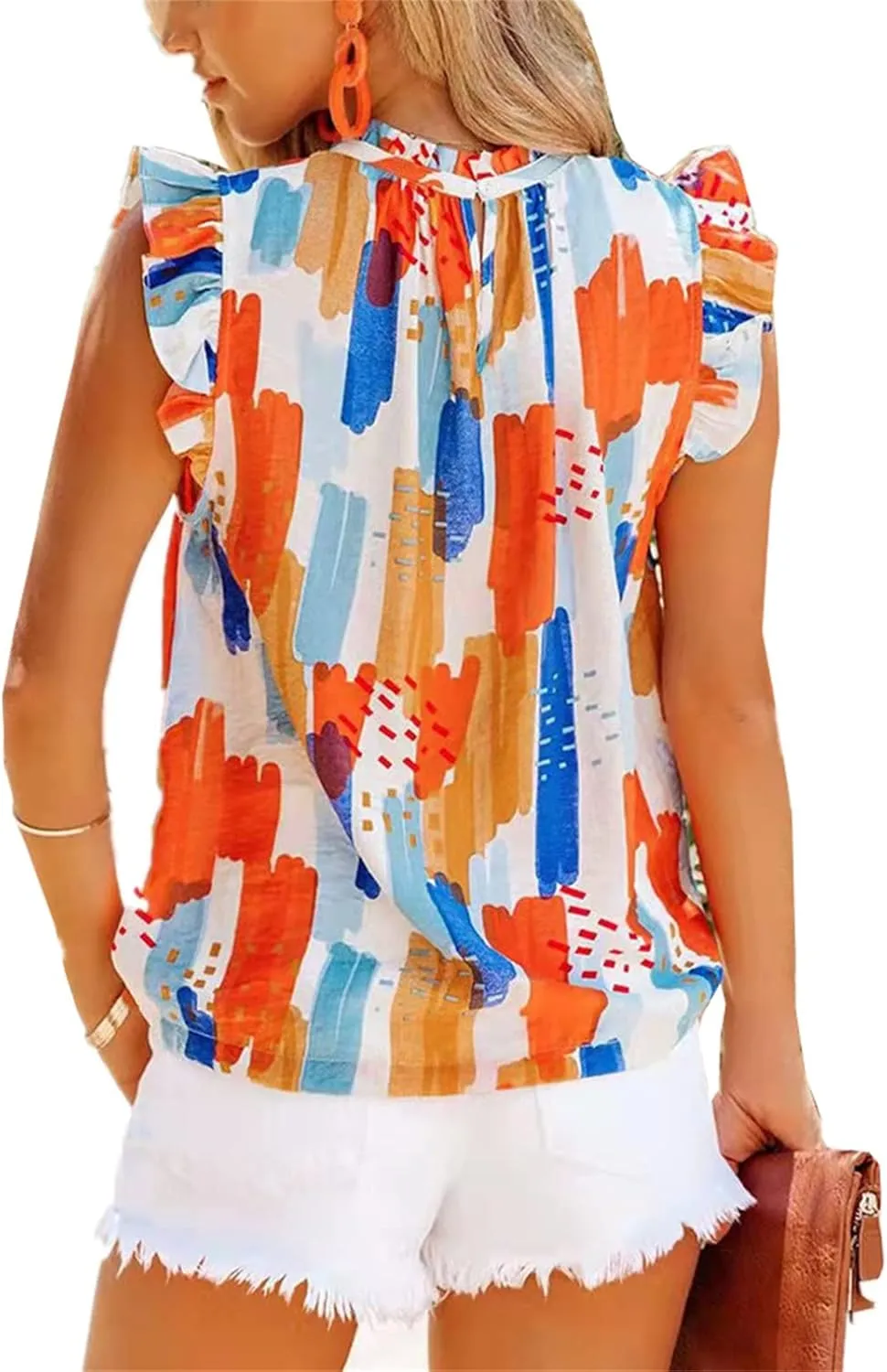 Mmoneyake Women Summer Ruffle Trim Neckline Tank Tops Floral Print Cap Sleeve Mock Neck Keyhole Back Blouse Chiffon Shirts