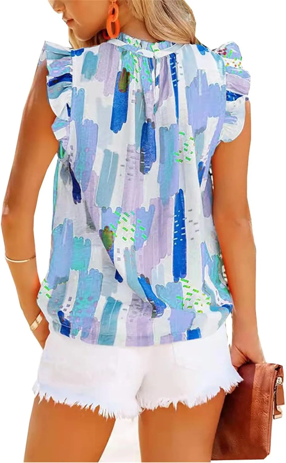 Mmoneyake Women Summer Ruffle Trim Neckline Tank Tops Floral Print Cap Sleeve Mock Neck Keyhole Back Blouse Chiffon Shirts