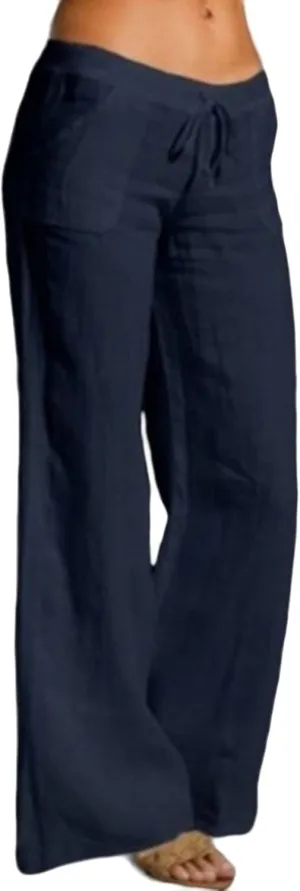 Mmoneyake Womens Cotton Linen Drawstring Pants Casual High Waist Lounge Pants Trousers with Pockets Loose Fit Palazzo Pants