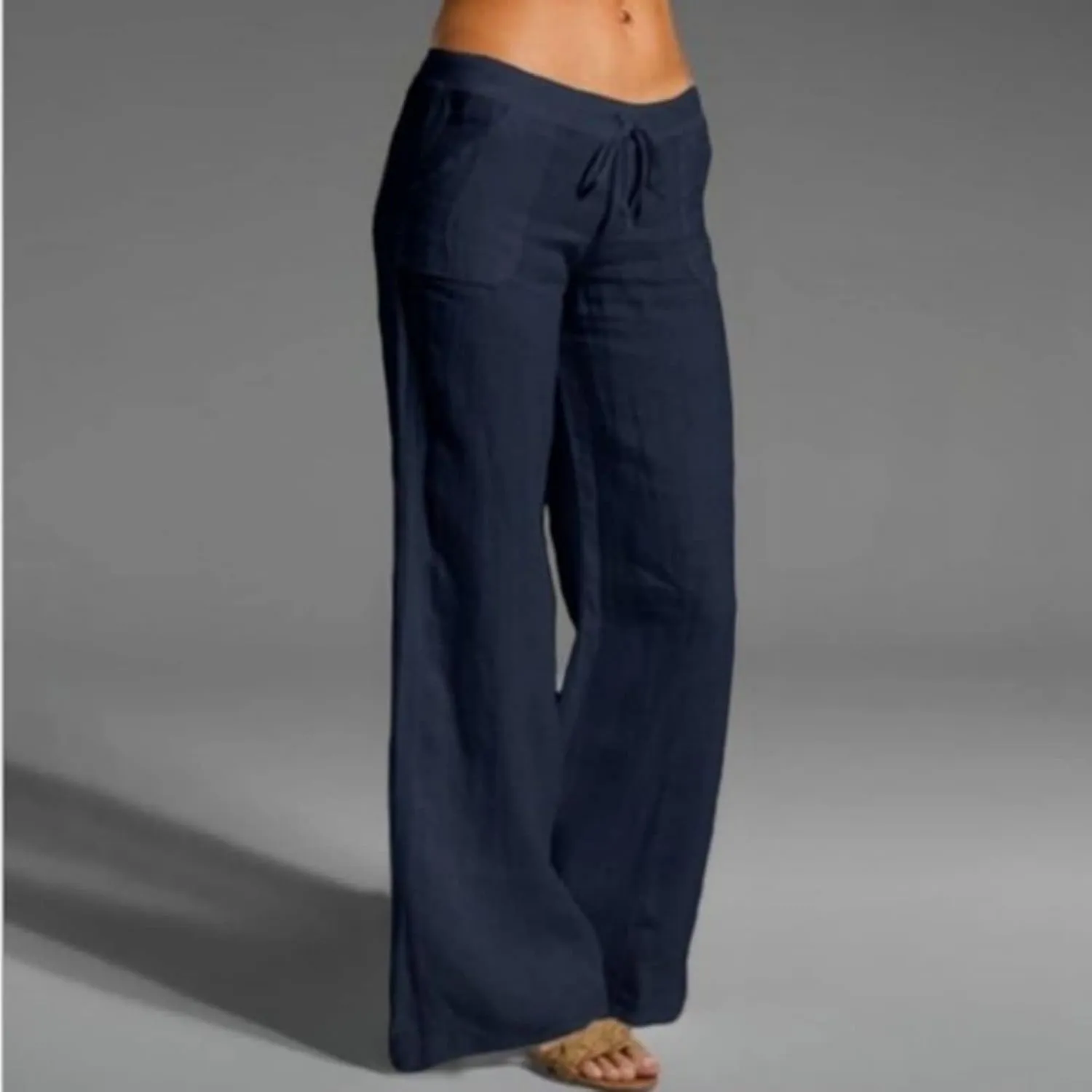 Mmoneyake Womens Cotton Linen Drawstring Pants Casual High Waist Lounge Pants Trousers with Pockets Loose Fit Palazzo Pants