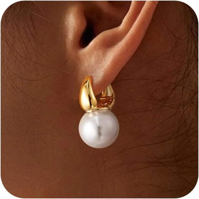 Moodear Pearl Earrings for Women Trendy 14K Gold Plated/925 Sterling Silver Pearl Drop Hoop Earrings Elegant Hypoallergenic Gold Pearl Dangle Earrings Wedding Jewelry Gifts for Women