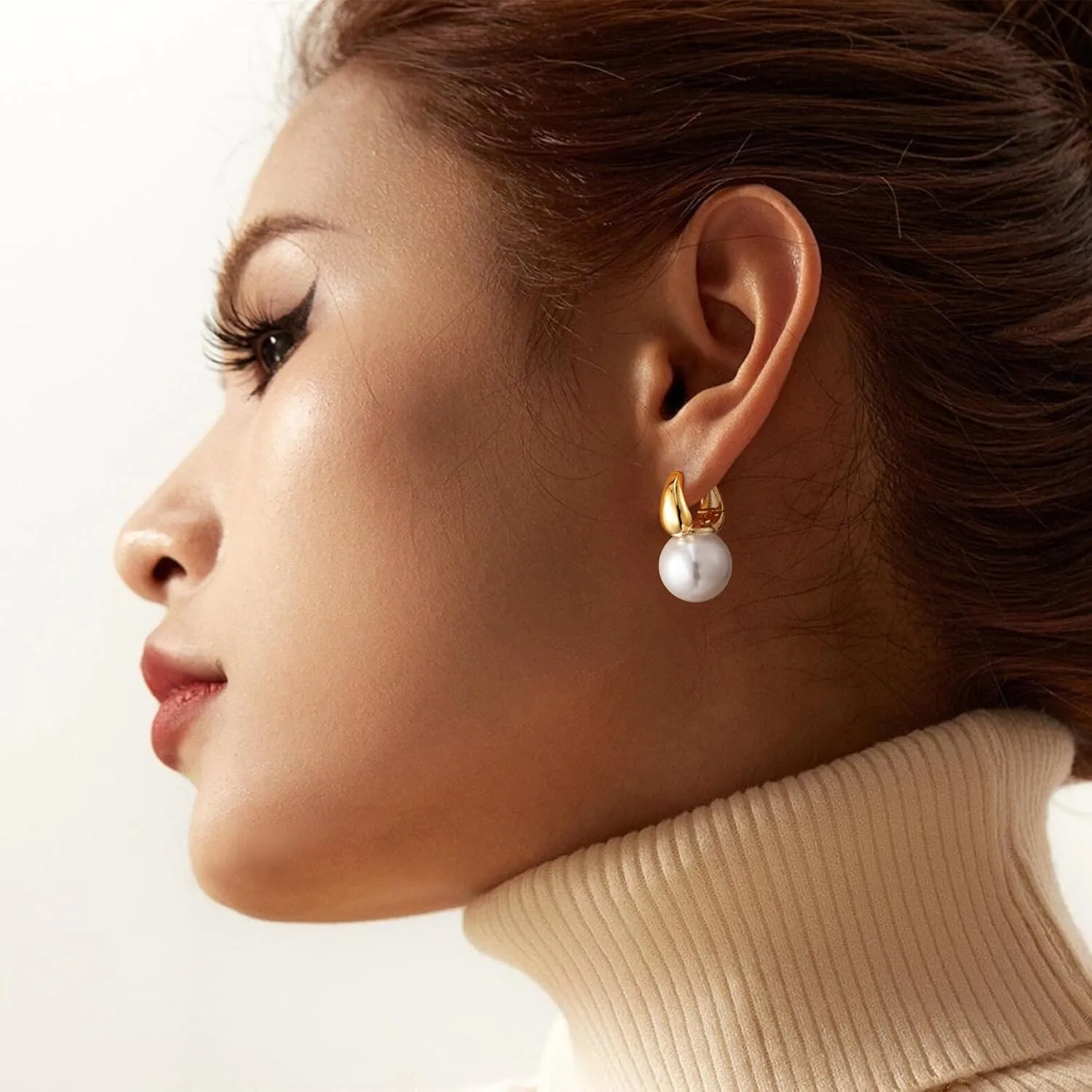 Moodear Pearl Earrings for Women Trendy 14K Gold Plated/925 Sterling Silver Pearl Drop Hoop Earrings Elegant Hypoallergenic Gold Pearl Dangle Earrings Wedding Jewelry Gifts for Women