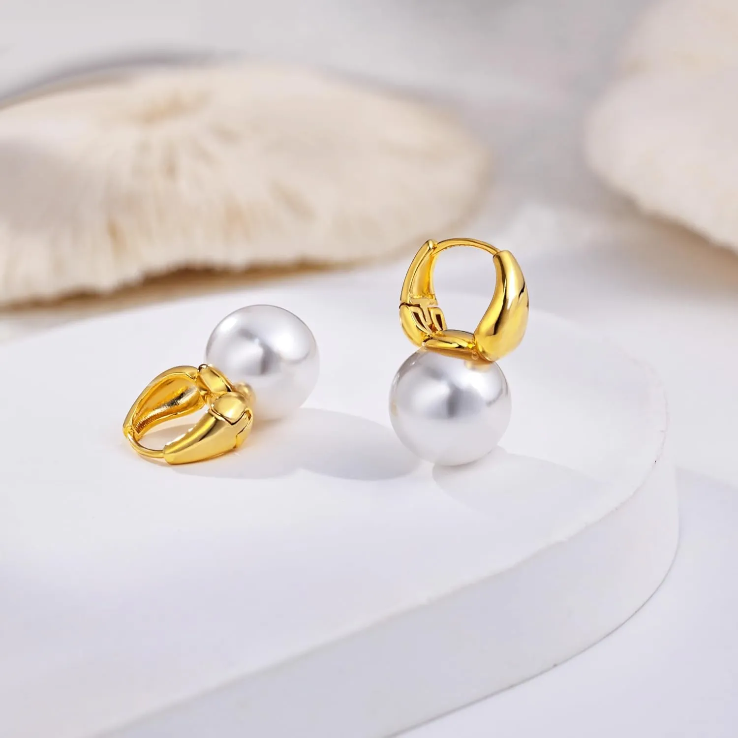 Moodear Pearl Earrings for Women Trendy 14K Gold Plated/925 Sterling Silver Pearl Drop Hoop Earrings Elegant Hypoallergenic Gold Pearl Dangle Earrings Wedding Jewelry Gifts for Women