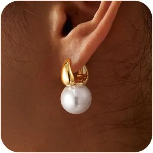 Moodear Pearl Earrings for Women Trendy 14K Gold Plated/925 Sterling Silver Pearl Drop Hoop Earrings Elegant Hypoallergenic Gold Pearl Dangle Earrings Wedding Jewelry Gifts for Women