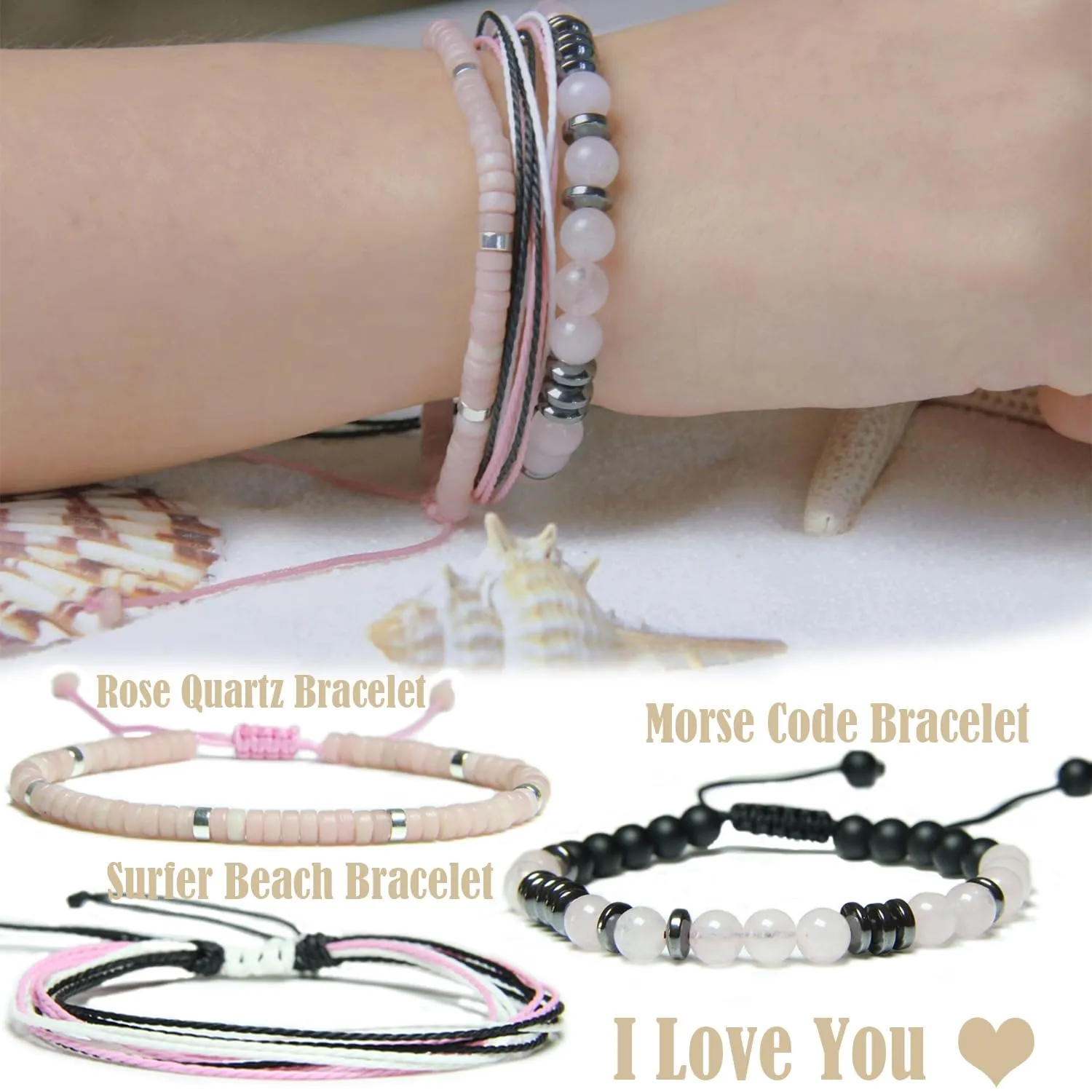 Mothers Day Bracelet for Mom, Mom Bracelet, Rose Quartz Bracelet, Morse Code Bracelet, Natural Stone Charm Bracelets Beach Anklet for Mom (To My Bonus Mom)