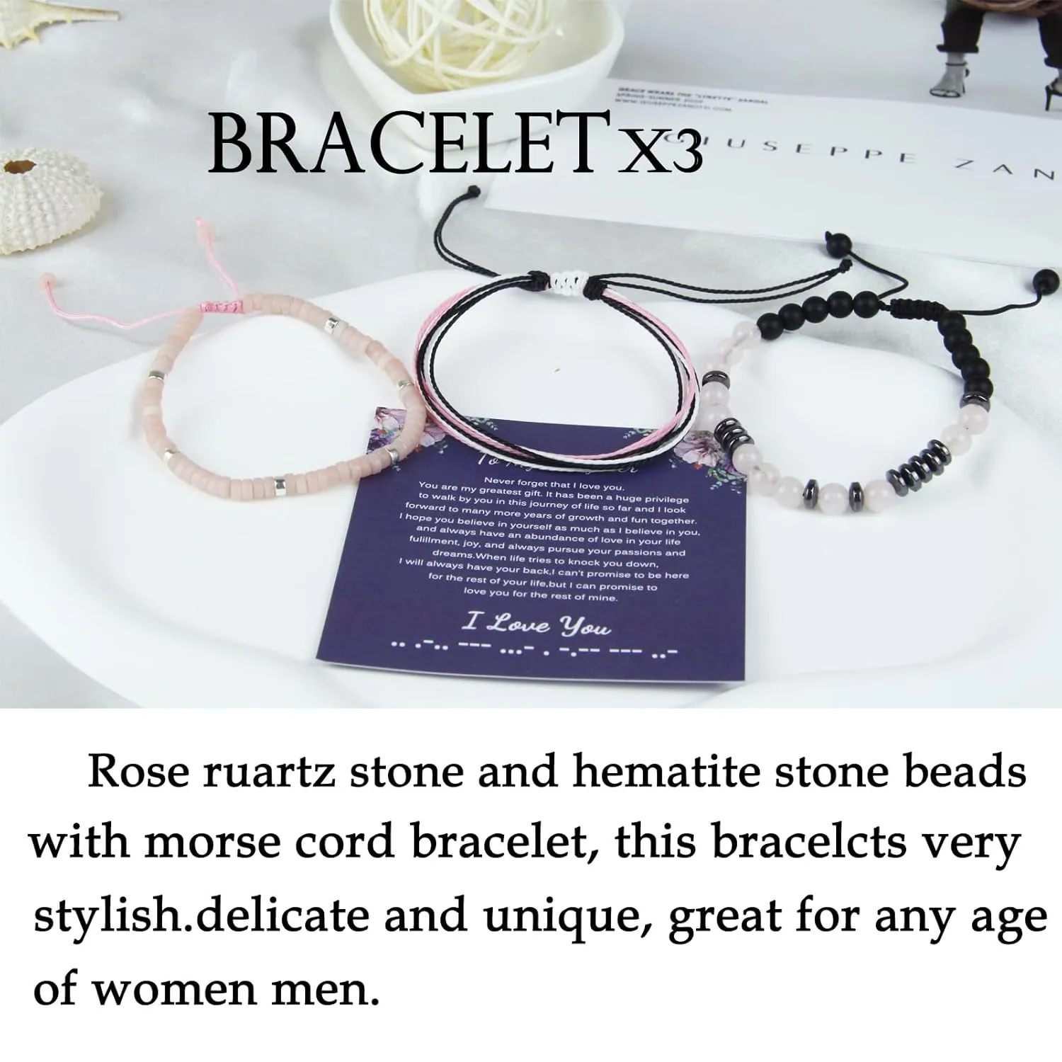 Mothers Day Bracelet for Mom, Mom Bracelet, Rose Quartz Bracelet, Morse Code Bracelet, Natural Stone Charm Bracelets Beach Anklet for Mom (To My Bonus Mom)