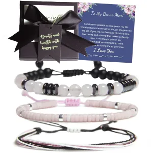 Mothers Day Bracelet for Mom, Mom Bracelet, Rose Quartz Bracelet, Morse Code Bracelet, Natural Stone Charm Bracelets Beach Anklet for Mom (To My Bonus Mom)