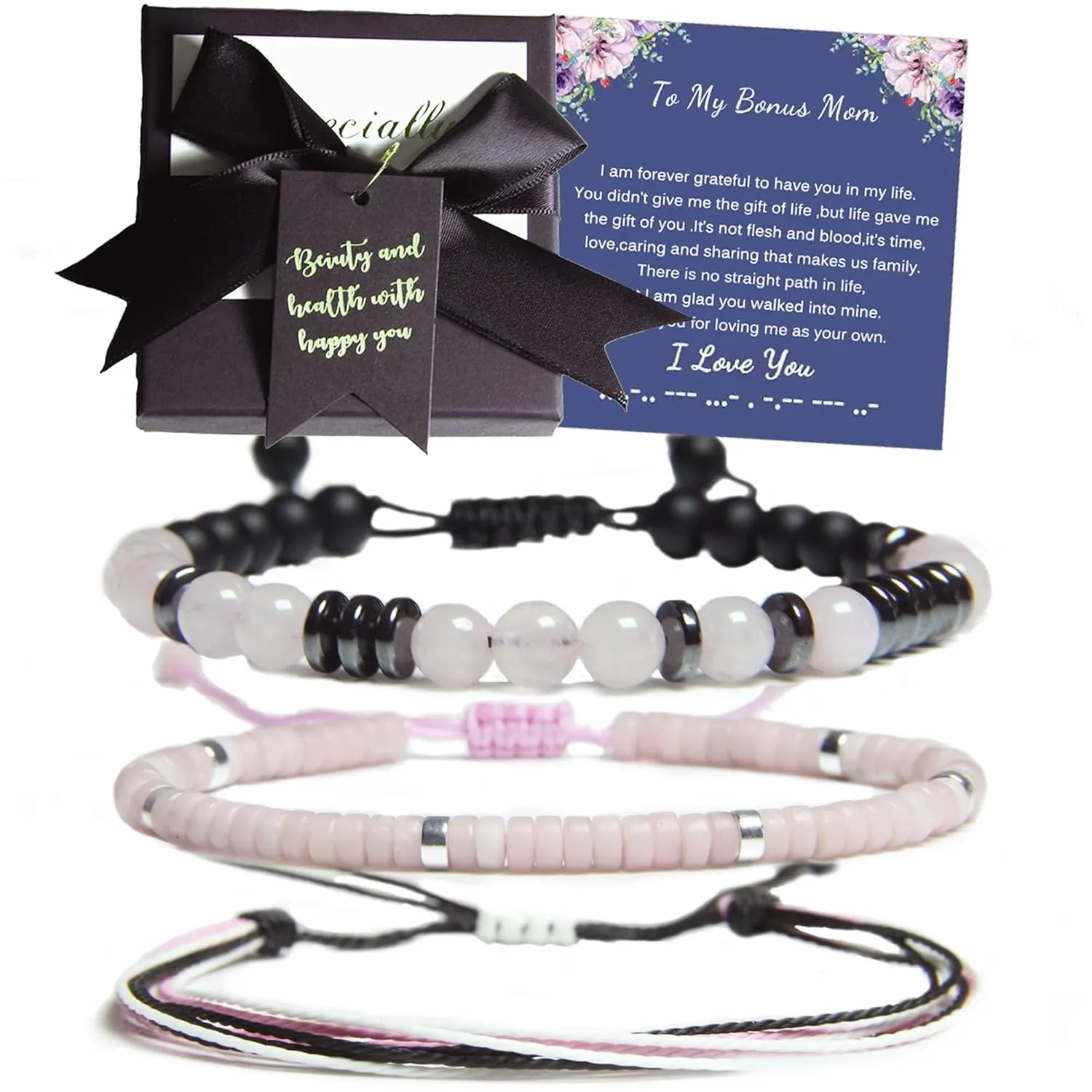Mothers Day Bracelet for Mom, Mom Bracelet, Rose Quartz Bracelet, Morse Code Bracelet, Natural Stone Charm Bracelets Beach Anklet for Mom (To My Bonus Mom)