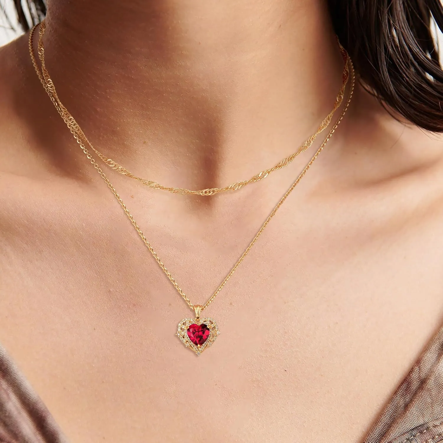 MTMY Layered Heart Necklaces for Women Stackable 14K Gold Plated Chain Necklace Layering CZ Heart Pendant Choker Necklaces Trendy Jewelry Set Gifts