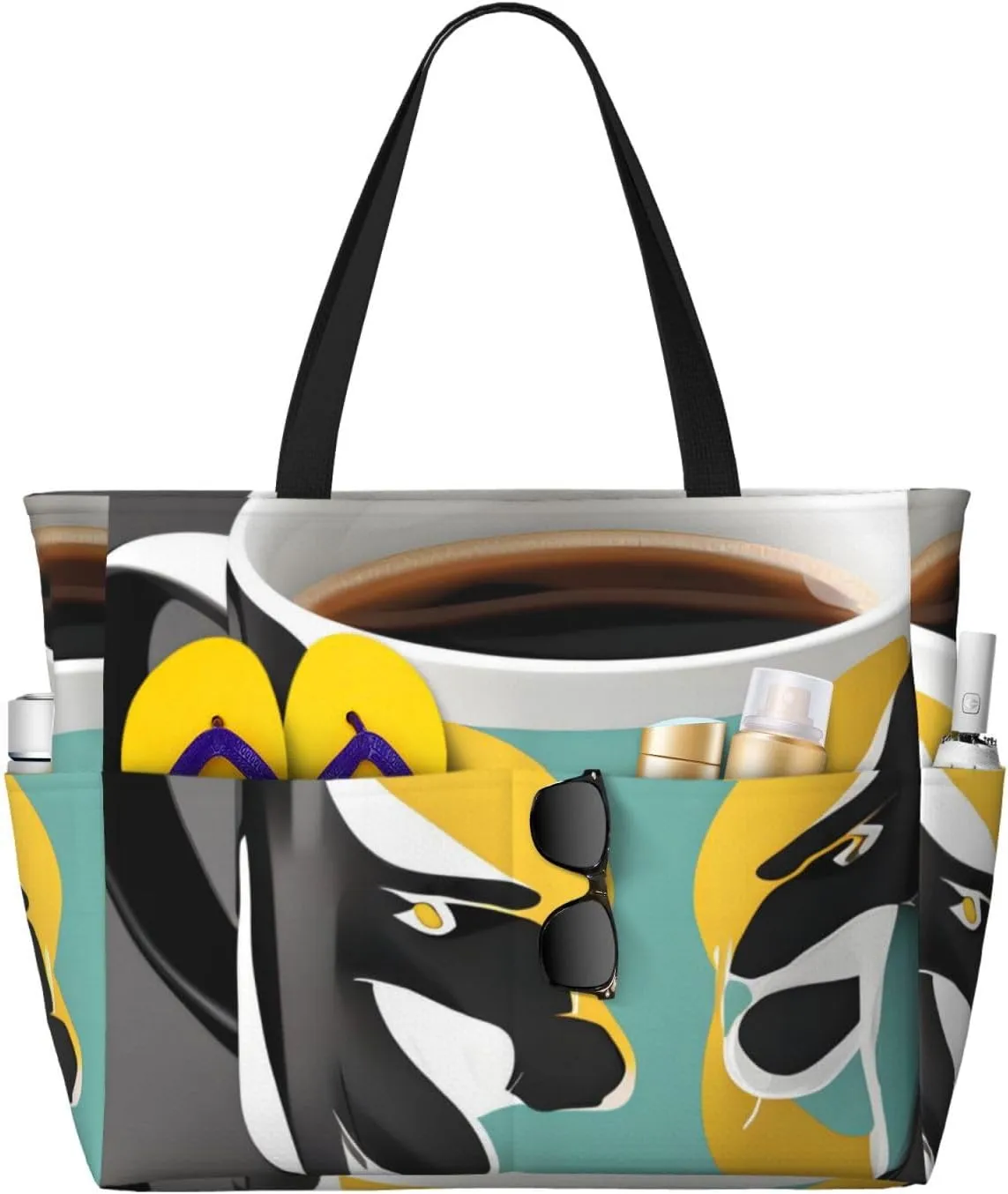 Mug coffee Print 28L Large Beach Tote Bag, 7 Pockets Waterproof Travel Shoulder Bag, Gym Oversized Tote