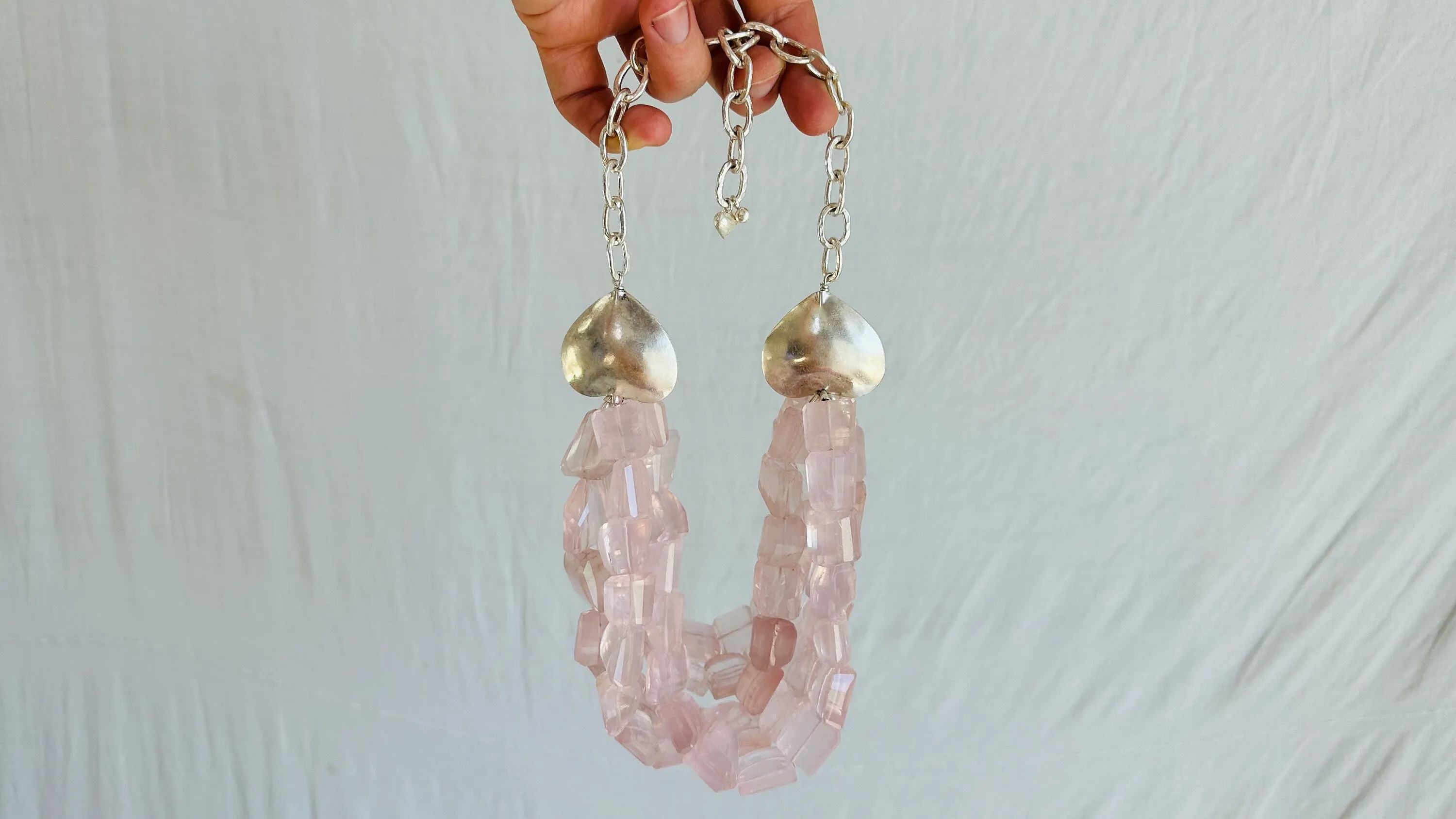 Multi-Strand Rose Quartz Necklace. Sterling Silver. Heart. 0657
