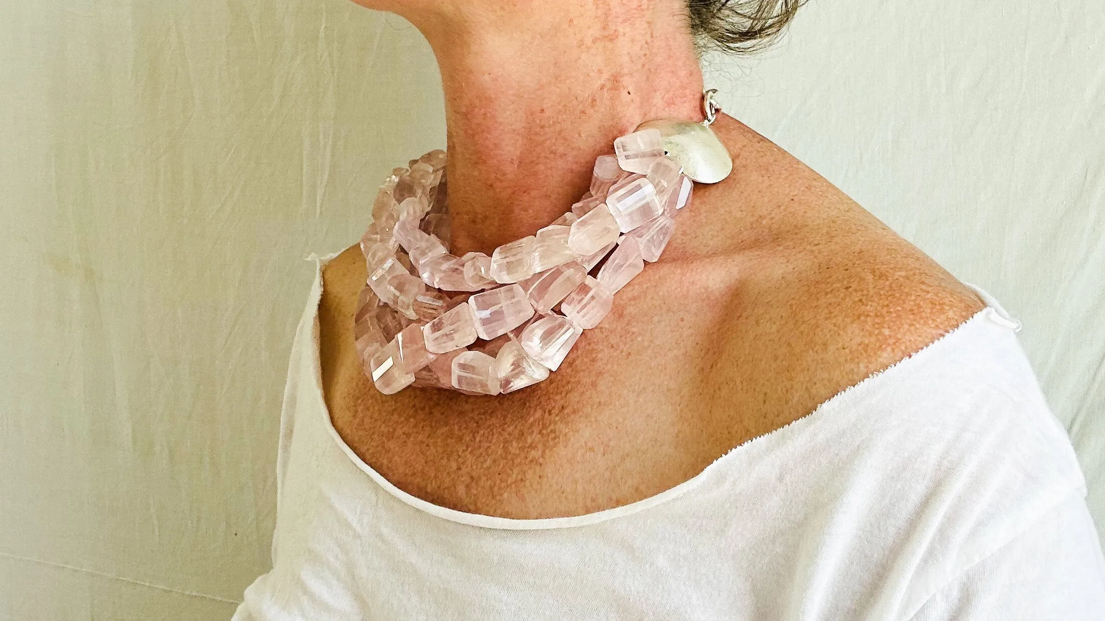 Multi-Strand Rose Quartz Necklace. Sterling Silver. Heart. 0657