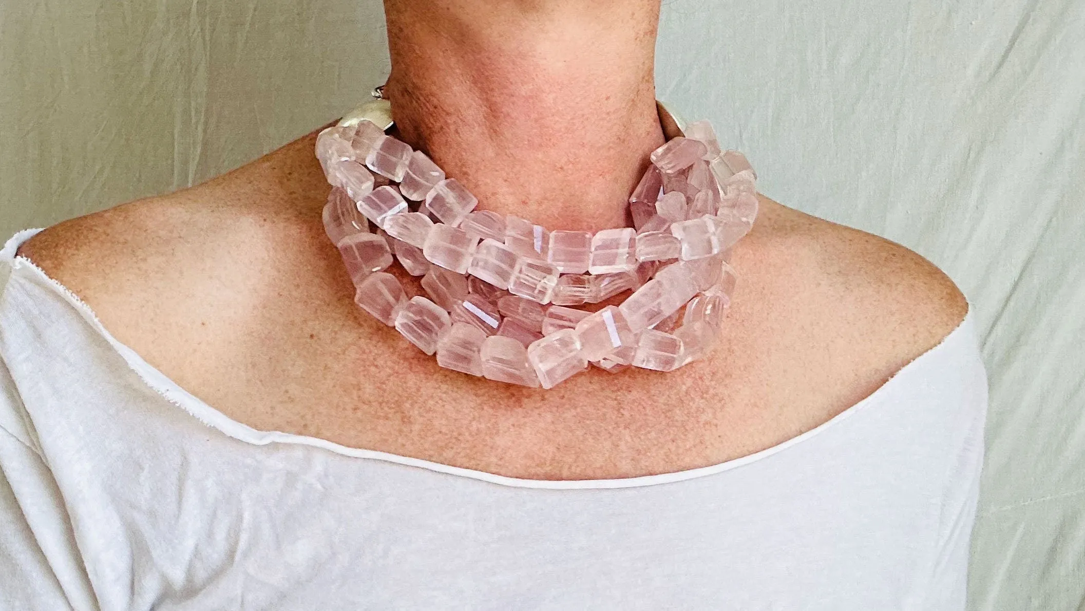 Multi-Strand Rose Quartz Necklace. Sterling Silver. Heart. 0657