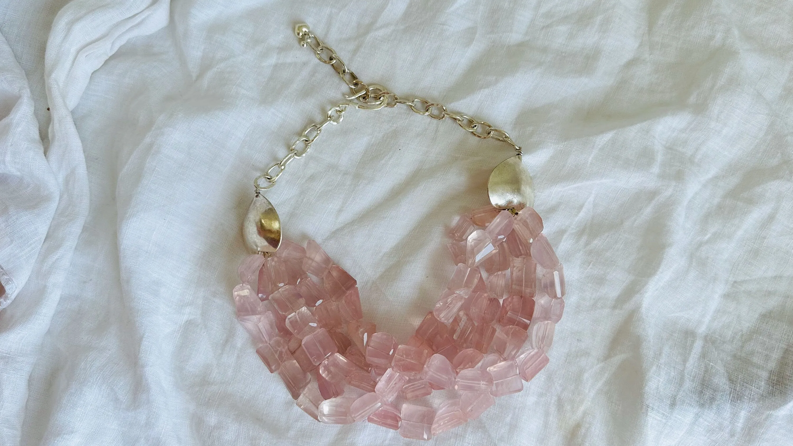Multi-Strand Rose Quartz Necklace. Sterling Silver. Heart. 0657