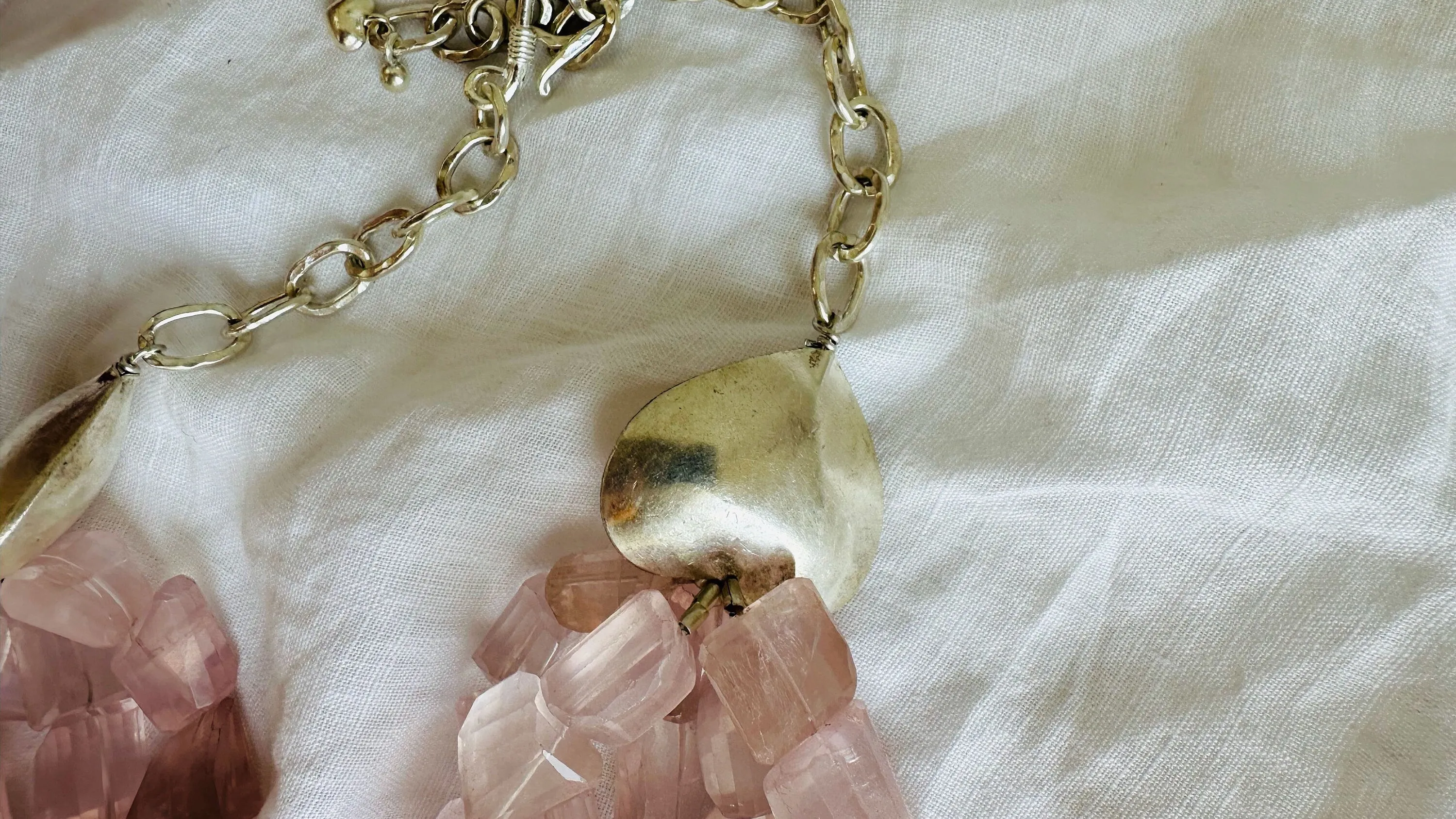 Multi-Strand Rose Quartz Necklace. Sterling Silver. Heart. 0657