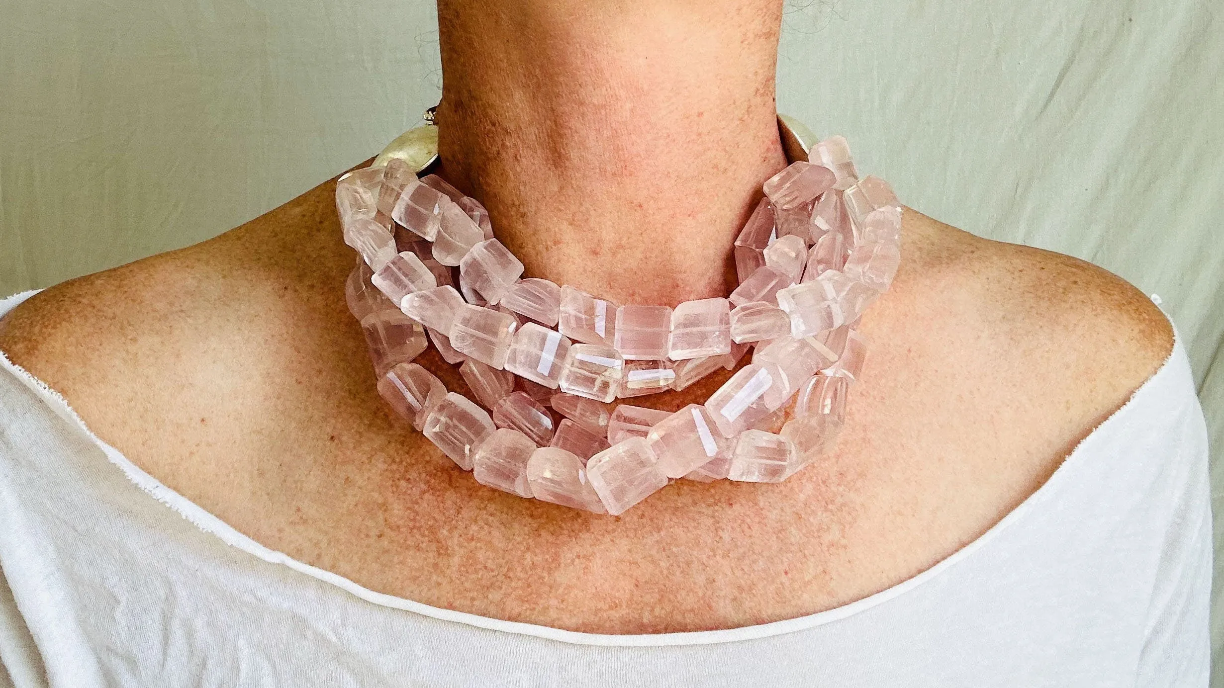 Multi-Strand Rose Quartz Necklace. Sterling Silver. Heart. 0657