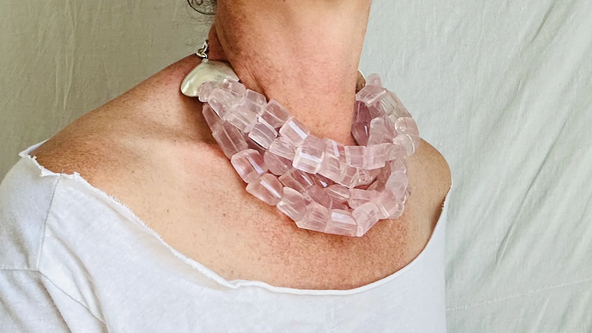 Multi-Strand Rose Quartz Necklace. Sterling Silver. Heart. 0657