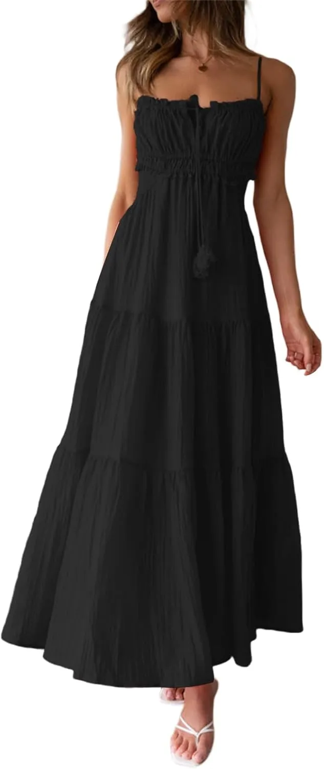 Multitrust Women Y2k Spaghetti Strapy Long Dresses Bodycon Sleeveless Slim Fit Elegant Tank Maxi Dress Party Beach Sundress