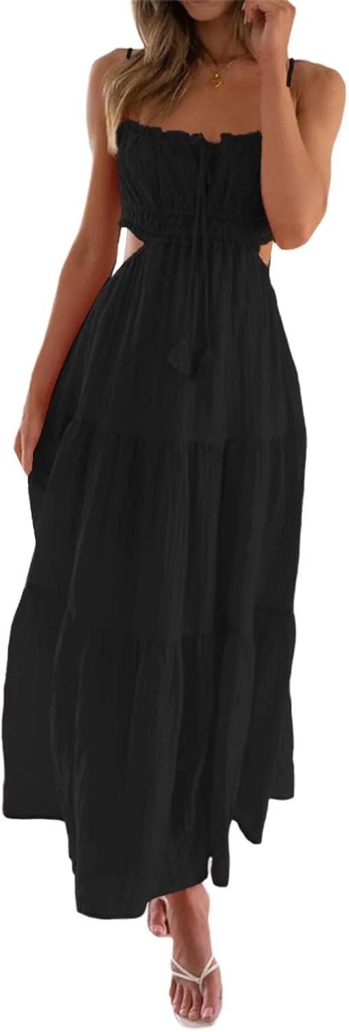 Multitrust Women Y2k Spaghetti Strapy Long Dresses Bodycon Sleeveless Slim Fit Elegant Tank Maxi Dress Party Beach Sundress