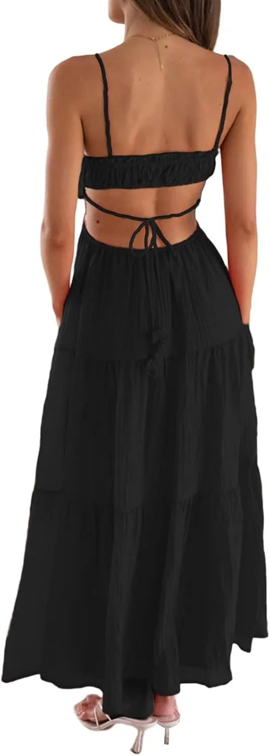 Multitrust Women Y2k Spaghetti Strapy Long Dresses Bodycon Sleeveless Slim Fit Elegant Tank Maxi Dress Party Beach Sundress