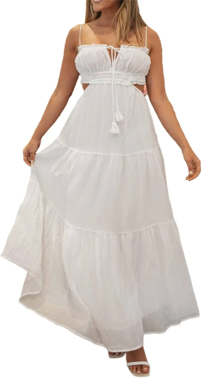 Multitrust Women Y2k Spaghetti Strapy Long Dresses Bodycon Sleeveless Slim Fit Elegant Tank Maxi Dress Party Beach Sundress