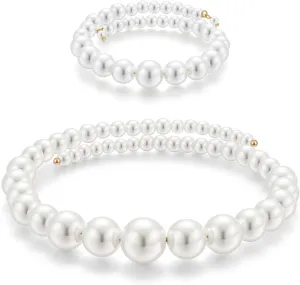 MUYAN Round Imitation Pearl Necklace and Bracelet Set for Women Pearl Open Choker Necklace Jewelry Gift for Women,White