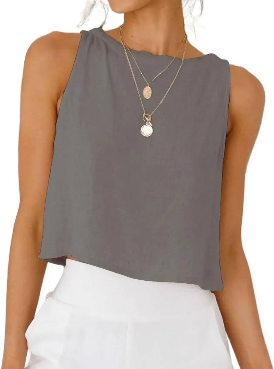 Mywinway Linen Tank Tops for Women Cotton Summer Sleeveless Cropped Casual Fashion Cute Tops