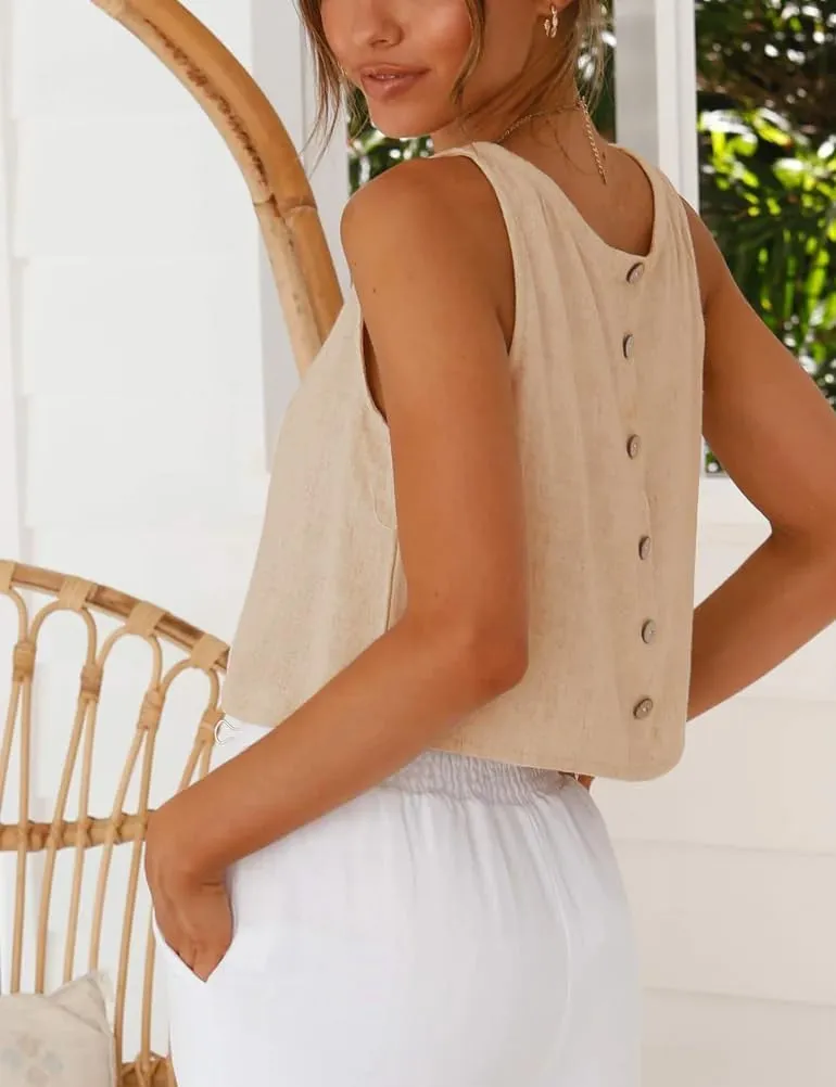 Mywinway Linen Tank Tops for Women Cotton Summer Sleeveless Cropped Casual Fashion Cute Tops