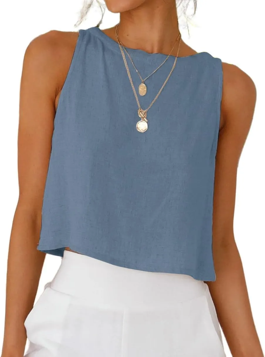 Mywinway Linen Tank Tops for Women Cotton Summer Sleeveless Cropped Casual Fashion Cute Tops