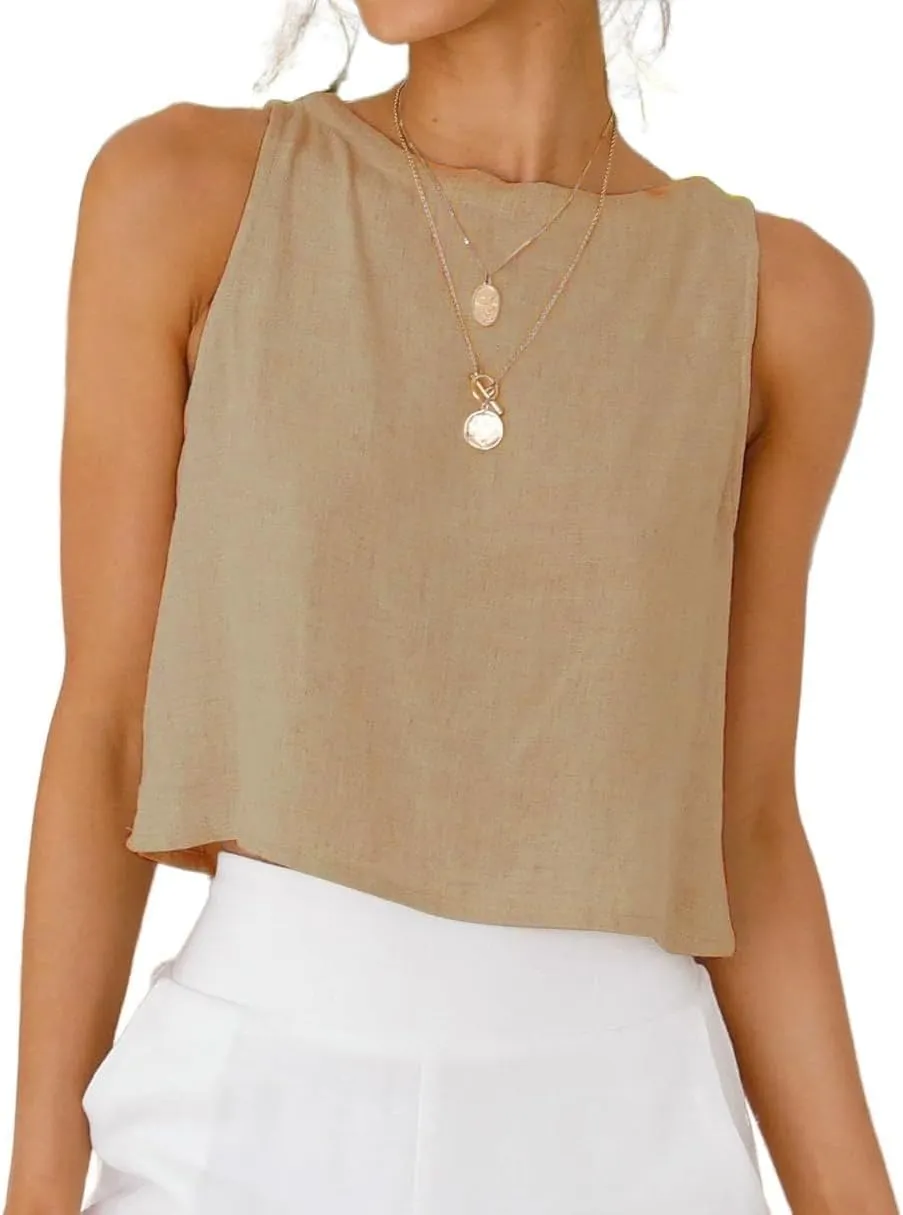 Mywinway Linen Tank Tops for Women Cotton Summer Sleeveless Cropped Casual Fashion Cute Tops