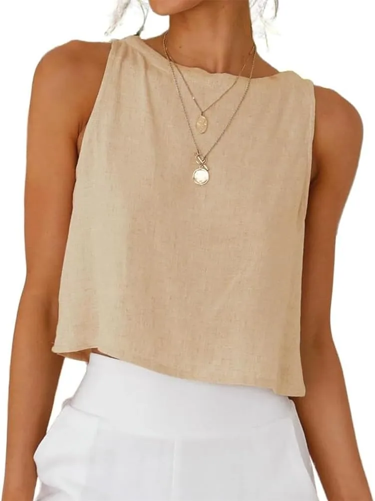 Mywinway Linen Tank Tops for Women Cotton Summer Sleeveless Cropped Casual Fashion Cute Tops