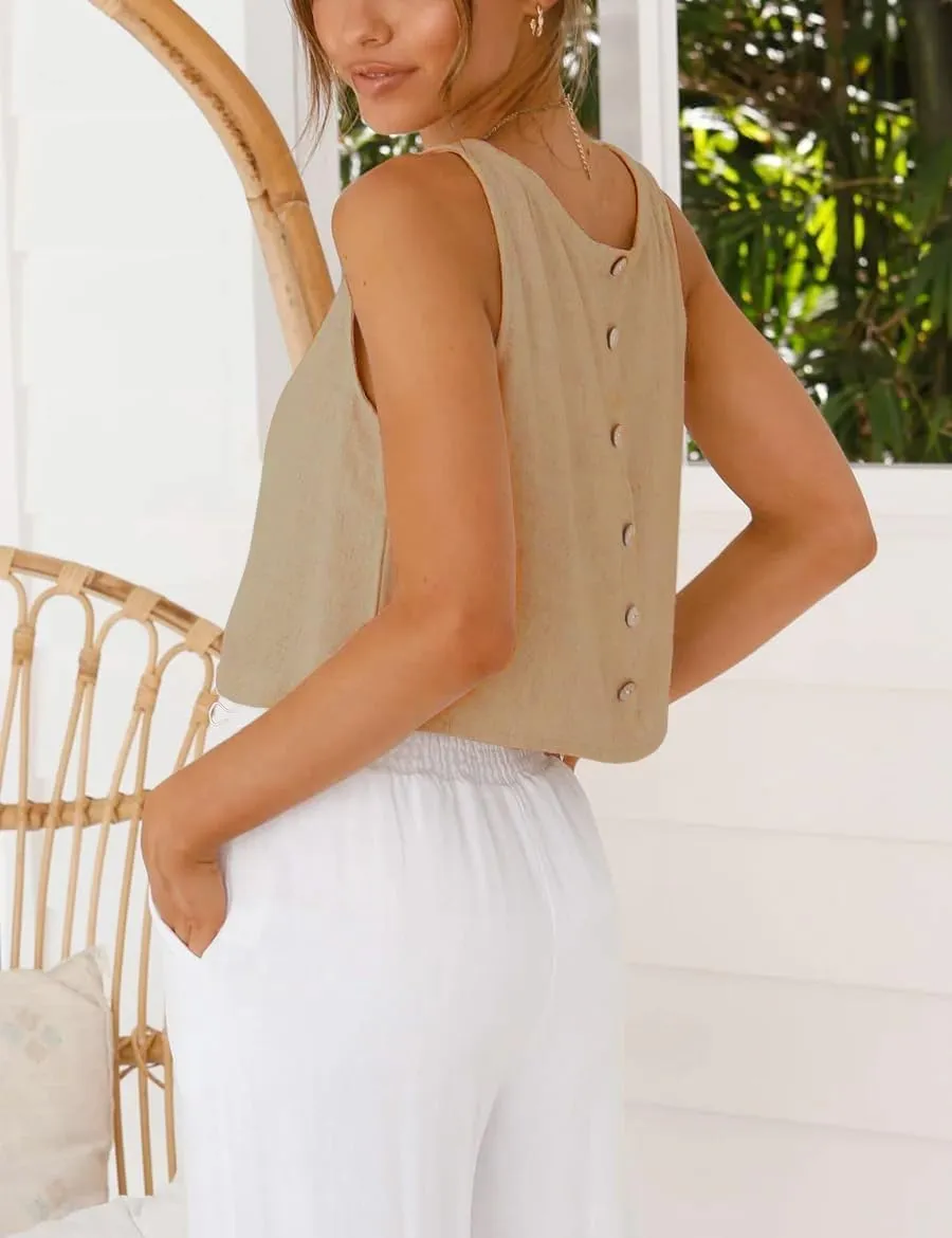 Mywinway Linen Tank Tops for Women Cotton Summer Sleeveless Cropped Casual Fashion Cute Tops