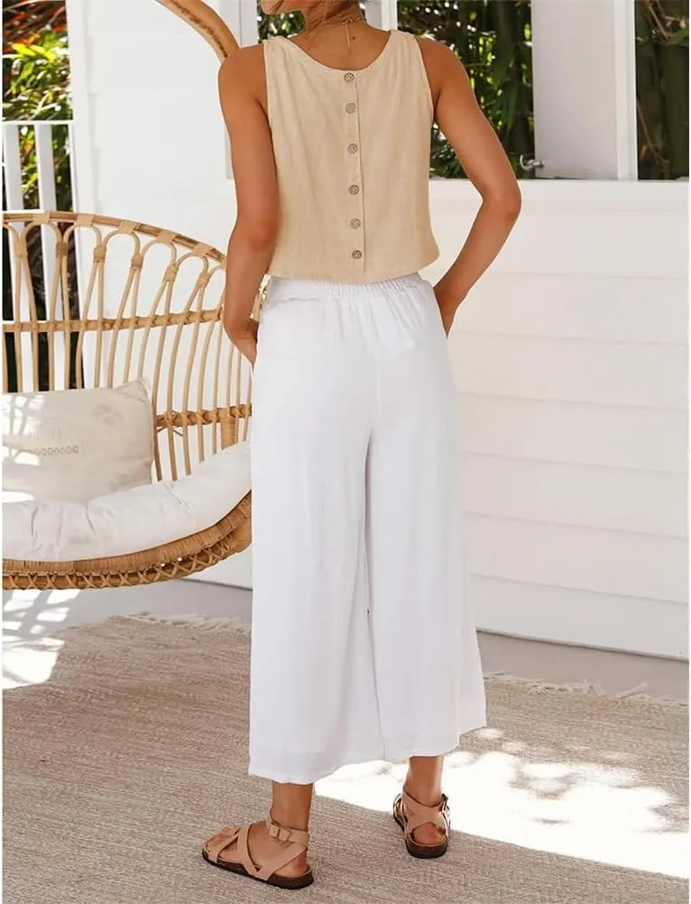 Mywinway Linen Tank Tops for Women Cotton Summer Sleeveless Cropped Casual Fashion Cute Tops