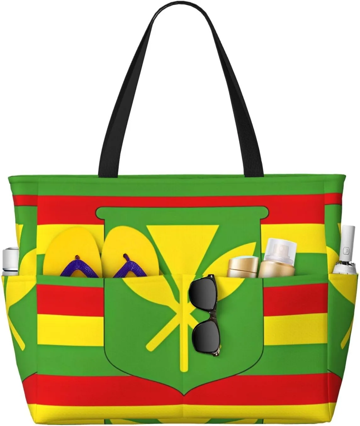 Native Hawaiian Flag Print 28L Large Beach Tote Bag, 7 Pockets Waterproof Travel Shoulder Bag, Gym Oversized Tote