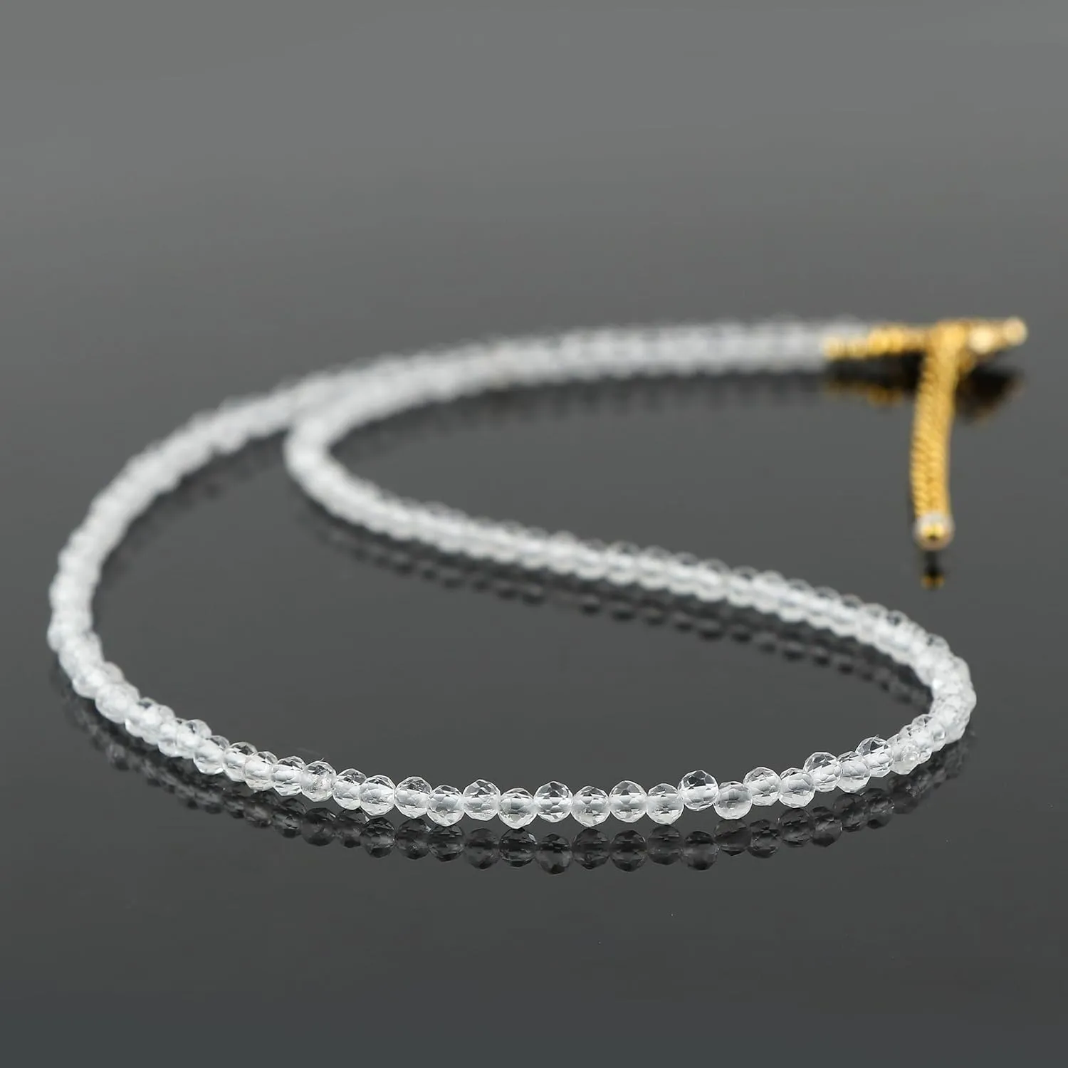 Natural Clear Quartz Gemstone Micro Faceted Round 3-3.5 mm Beads Dainty Choker Necklace Handmade Jewelry for Women,14k Gold Plated Chain 18 inch, Christmas Gift (Clear Quartz)