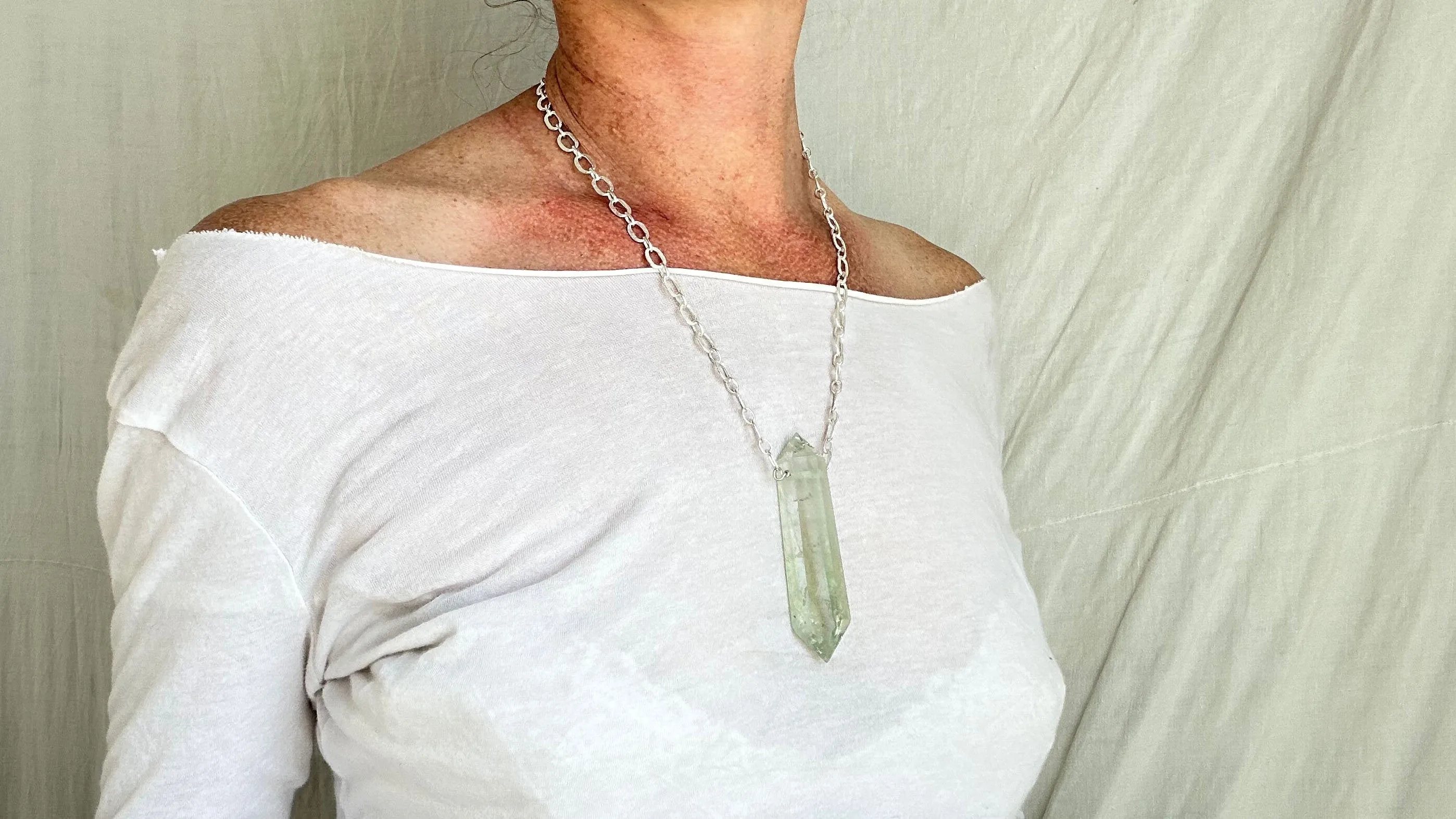 Natural Green Quartz Crystal Pendant Necklace. Sterling Silver. Atelier Aadya. Medicine Necklace. 2326