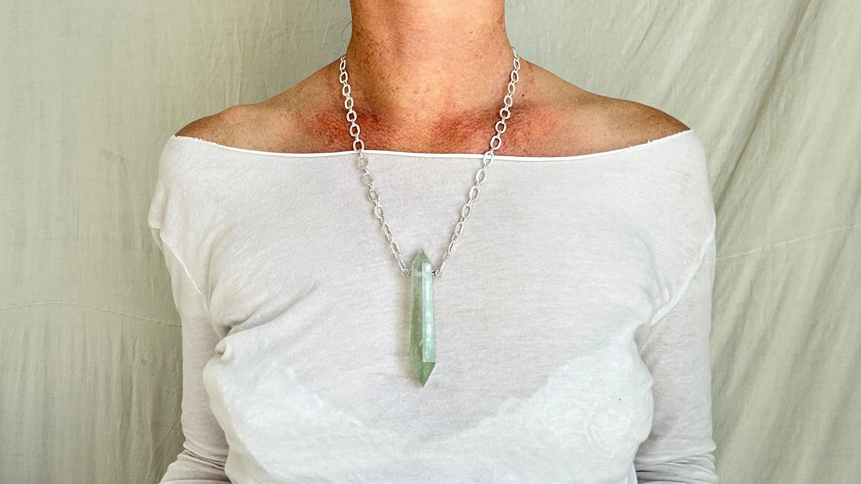 Natural Green Quartz Crystal Pendant Necklace. Sterling Silver. Atelier Aadya. Medicine Necklace. 2326