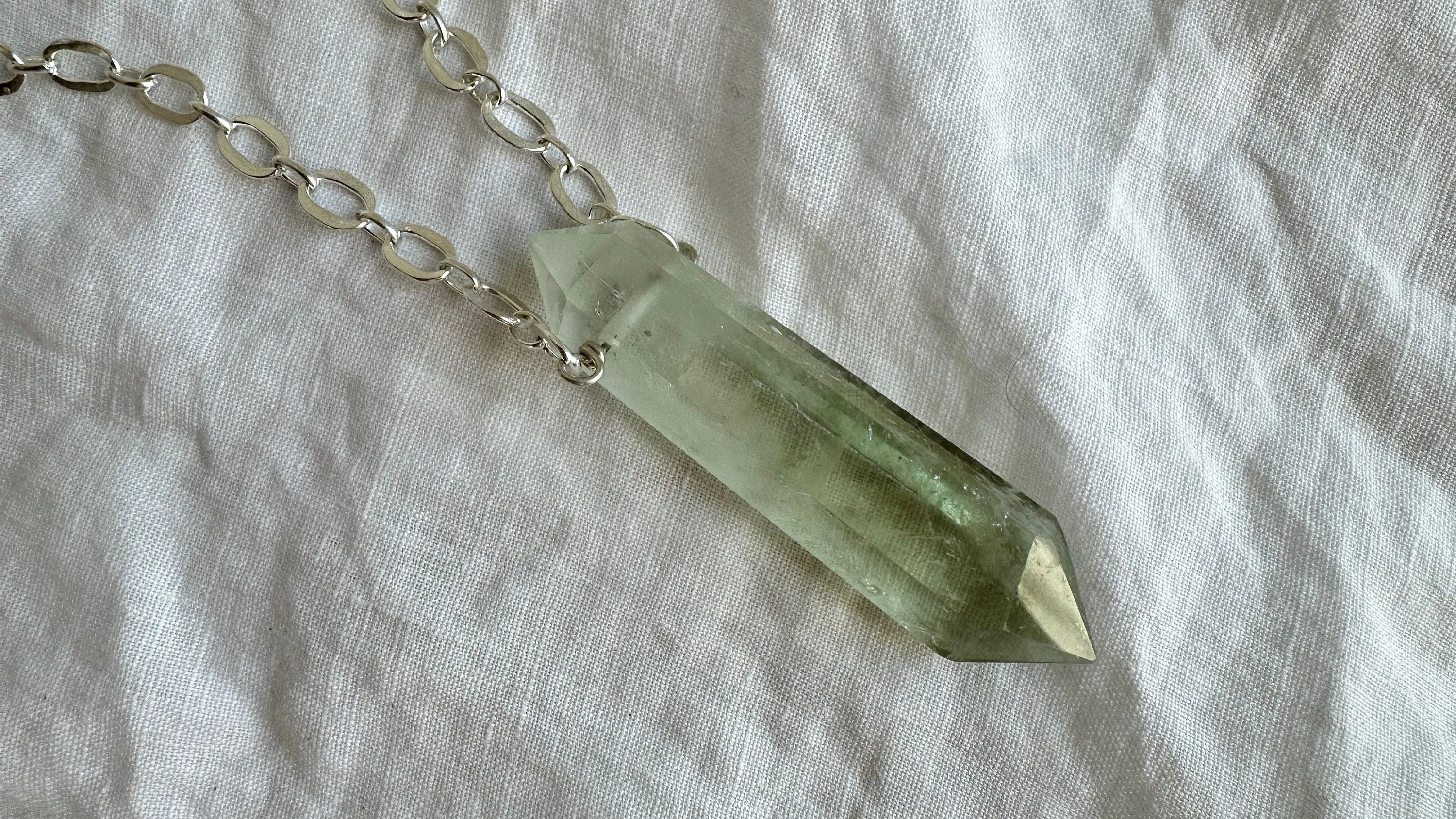 Natural Green Quartz Crystal Pendant Necklace. Sterling Silver. Atelier Aadya. Medicine Necklace. 2326