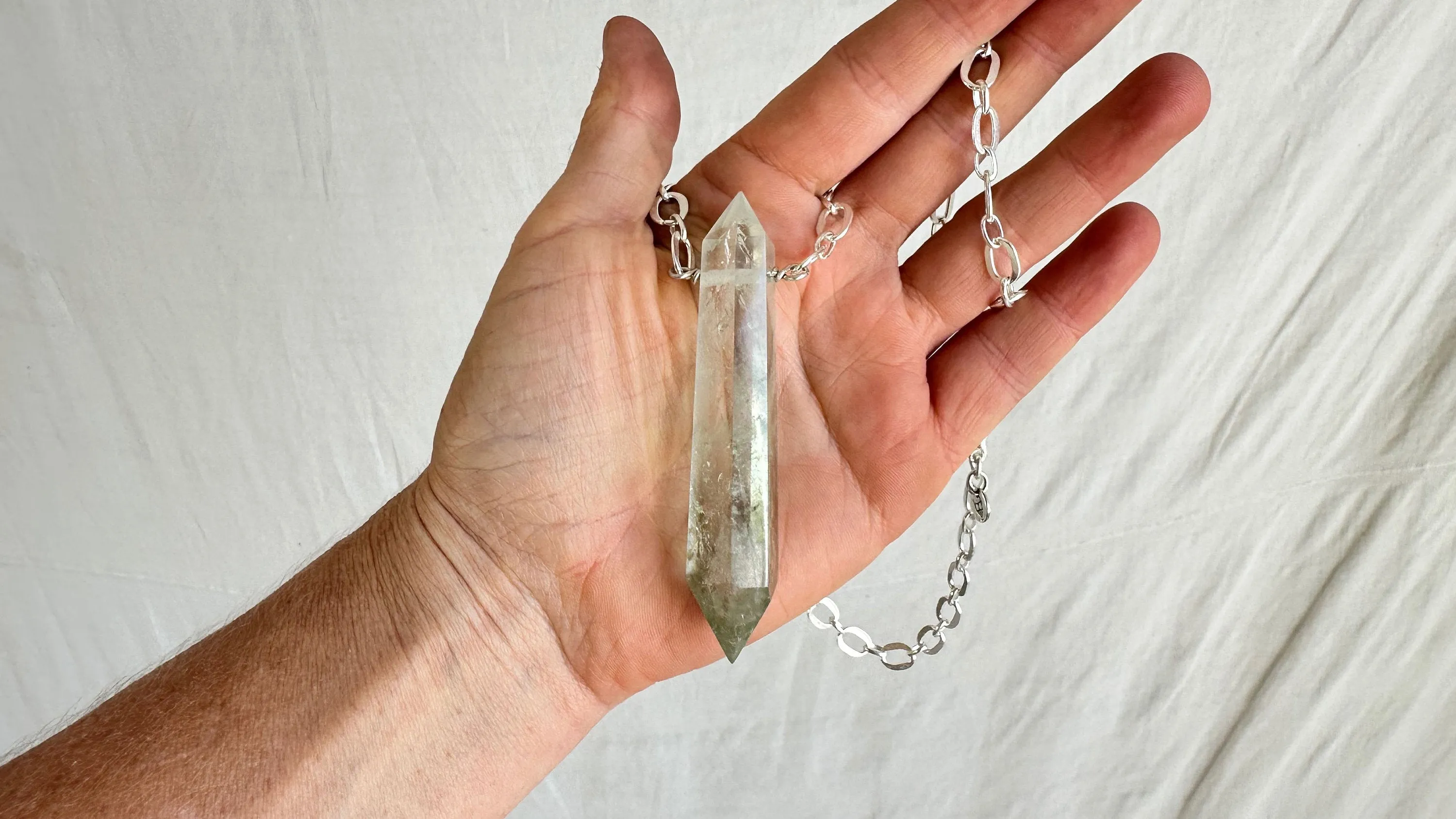 Natural Green Quartz Crystal Pendant Necklace. Sterling Silver. Atelier Aadya. Medicine Necklace. 2326