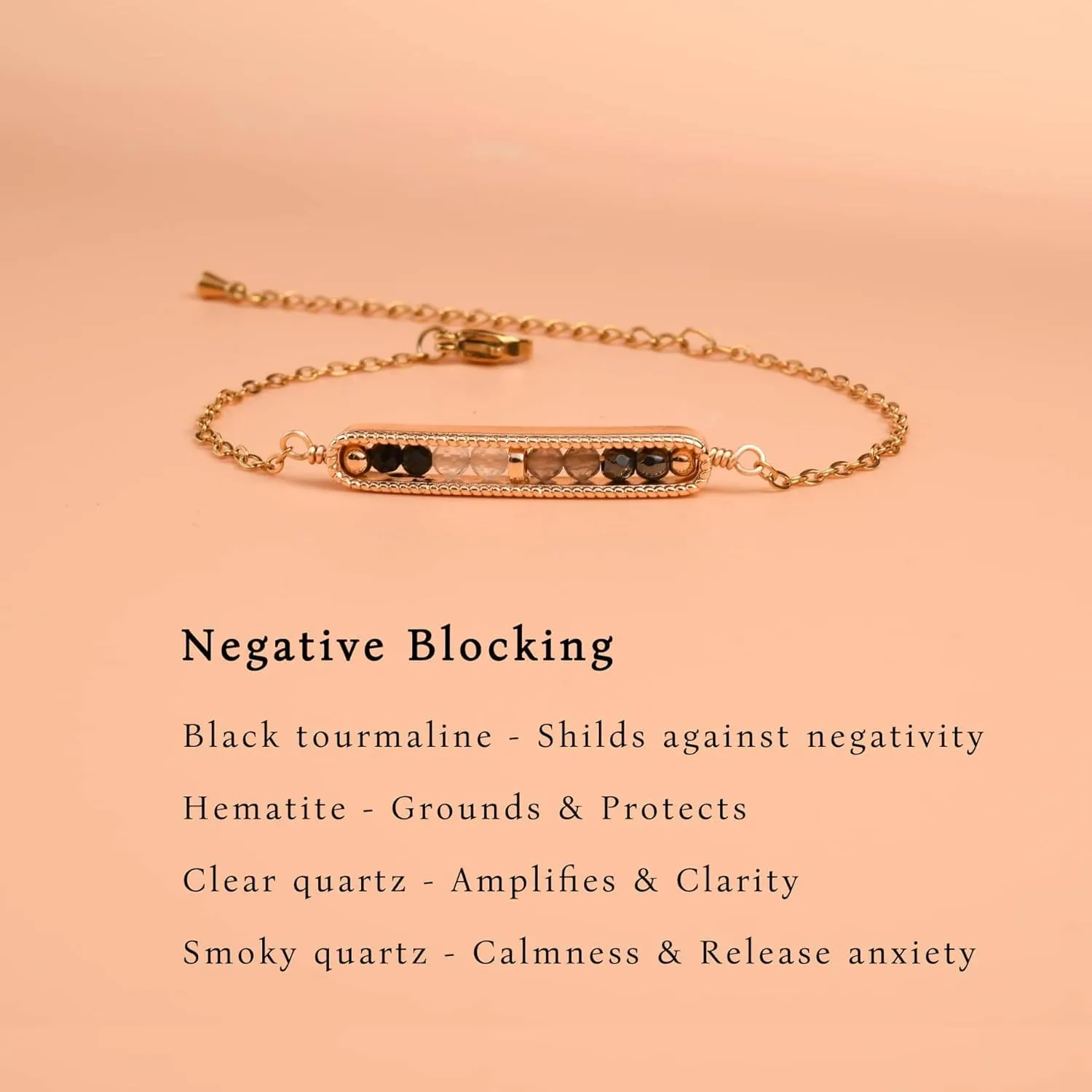Negative Energy Protection Anxiety Relief Bracelet Black Tourmaline Hematite Clear Smoky Quartz,Money Attraction New Beginning New Job, Dainty Natural Healing Crystal Bracelet For Women