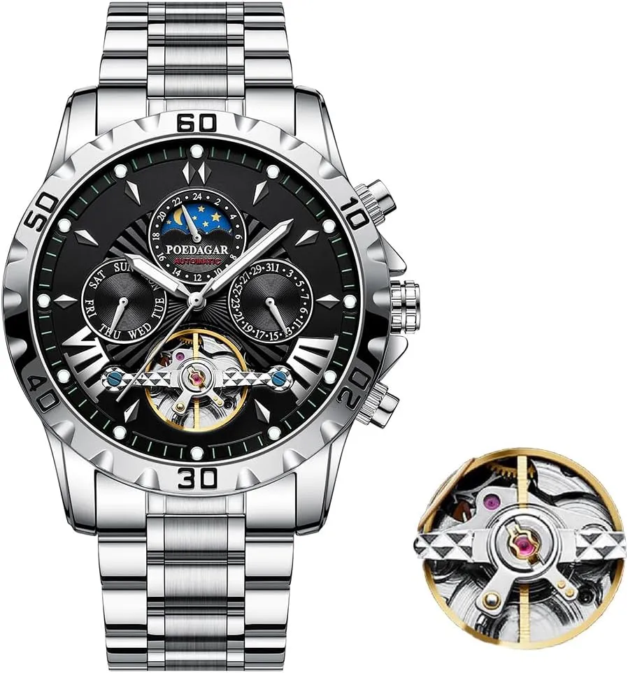 New Skeleton Tourbillon Mechanical Watch for Men Luxury Automatic Mechanical Watch Self Winding Stainless Steel Chronograph Waterproof Luminous Moon Phase Day Date Wrist Watches