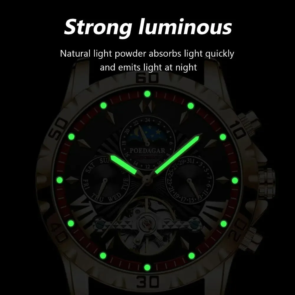 New Skeleton Tourbillon Mechanical Watch for Men Luxury Automatic Mechanical Watch Self Winding Stainless Steel Chronograph Waterproof Luminous Moon Phase Day Date Wrist Watches